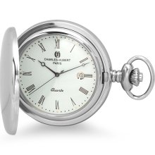Polished silver quartz pocket watch & chain by charles hubert #3551
