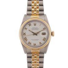 Pre-owned Rolex Men's Datejust Two-tone White Roman Dial Watch (SS yellow gold 36mm, white Roman dial)