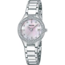 Pulsar Womens Crystal Analog Stainless Watch - Silver Bracelet - Pearl Dial - PH7289