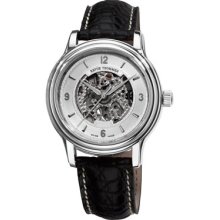 Revue Thommen Watches Men's Silver Skeleton Dial Black Leather Strap