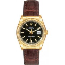 Rolex Datejust Black Index Dial Fluted Bezel 18k Yellow Gold Leather Strap Mens Watch 116138BKSL