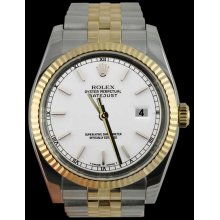 Rolex datejust gents watch white stick dial fluted bezel two tone jubilee