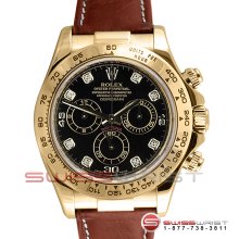 Rolex Daytona Yellow Gold Black Diamond Dial 116518 Brown Leather