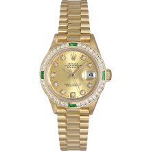 Rolex Diamond & Emerald Ladies President Watch 18k Yellow Gold 69178