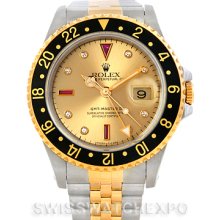 Rolex GMT II Men's 18k Yellow Gold Steel Watch Serti Dial 16713