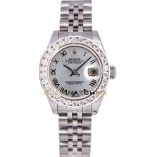Rolex Ladys New Style Heavy Band Stainless Steel Datejust Model 179174 Jubilee Band Custom Added Mother Of Pearl Roman Dial & 2Ct Diamond Bezel