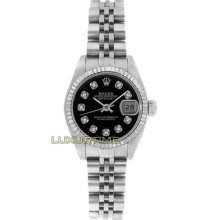 Rolex Ladys Watch Ss Datejust 6916 Black Diamond Dial 18k Gold Fluted Bezel Mint