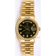 Rolex Mens 18K Yellow Gold President Day Date Model 18238 Custom Added Black Diamond Dial & Diamond Bezel