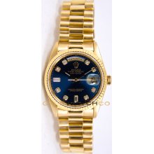 Rolex Mens 18K Yellow Gold President Day Date Model 18238 Custom Added Blue Diamond Dial
