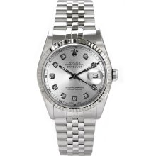 Rolex Men's Datejust Stainless Steel Fluted Custom Silver Diamond Dial
