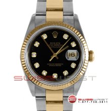 Rolex Mens Datejust Two Tone Black Diamond Dial Oyster Band