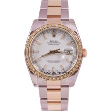 Rolex Mens New Style Heavy Band Stainless Steel & 18K Rose Gold Datejust Model 116231 Oyster Band With A 1Ct Diamond Bezel & Factory White Stick Dial