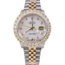 Rolex Mens Stainless Steel & 18K Gold Datejust Model 16233 Jubilee Band Custom Added MOP Diamond Dial & 3.5Ct Diamond Bezel