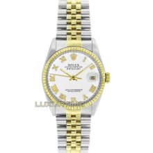 Rolex Mens Watch Ss & Gold Datejust 16013 White Roman Dial 18k Gold Fluted Bezel