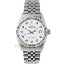 Rolex Mens Watch Ss Datejust 16014 White Diamond Dial 18k Gold Fluted Bezel Mint