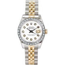 Rolex Women's Datejust Two Tone Custom Diamond Bezel & White Diamond Dial