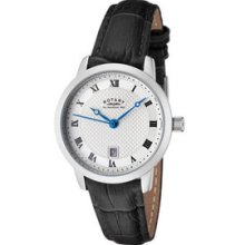 Rotary Ladies Analogue Watch Ls42825/01 With Silver Roman Dial And Black Leather Strap