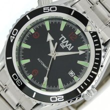 Rotatable Bezel Date Silver Steel Men Gift Automatic Mechanical Watch Black Ring