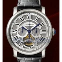 Rotonde De Cartier Single Push-Piece Tourbillon Chronograph (Platinum / Silver / Leather)