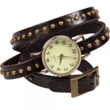 Round Studs Cow Leather Arabic Numbers Dial Bracelet Bangle Wrist Watch Black