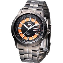 Seiko Automatic Black and Orange Dial Black PVD Mens Watch SRP345