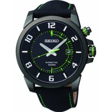 Seiko Kinetic Black Leather Strap 42mm Green Accents Mens Watch SKA557