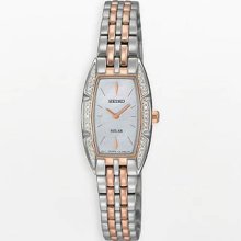 Seiko Ladies Rose Gold Two Tone Stainless Steel Solar Quartz Mother of Pearl Dial Swarovski Crystals SUP154