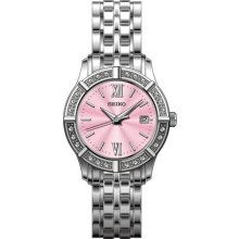 Seiko Ladies Stainless Steel Quartz Pink Dial Roman Numerals Swarovski Crystals on Bezel SXDE47