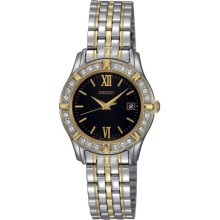 Seiko Ladies Two Tone Stainless Steel Quartz Black Dial Roman Numerals Swarovski Crystals on Bezel SXDE52