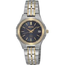 Seiko Ladies Two Tone Stainless Steel Solar Quartz Date Blue Dial SUT040