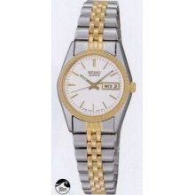 Seiko Ladies` Two-tone Bracelet Watch W/ Dual Date Window & White Dial