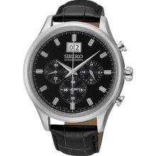 Seiko Men's Chronograph Stainless Steel Case Leather Bracelet Black Tone Dial Date Display SPC083P2