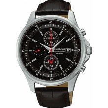 Seiko Men's Chronograph Stainless Steel Case Leather Bracelet Black Tone Dial Date Display SNDE29