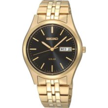 Seiko Men's Gold Tone Stainless Steel Solar Quartz Link Bracelet Black Dial SNE044