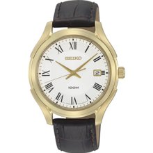 Seiko Men's Gold Tone Stainless Steel Case White Dial Quartz Brown Leather Strap SGEF72