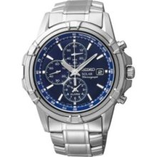 Seiko Mens Solar Alarm Chronograph Stainless Watch - Silver Bracelet - Blue Dial - SSC141