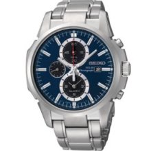 Seiko Mens Solar Chronograph Stainless Watch - Silver Bracelet - Blue Dial - SSC085