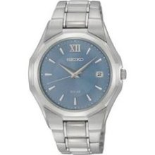 Seiko Mens Solar Stainless Watch - Silver Bracelet - Blue Dial - SNE165