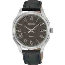 Seiko Men's Stainless Steel Case Gray Dial Black Leather Strap Date Display SGEF73