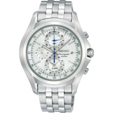 Seiko Men's Stainless Steel Alarm Chronograph White Dial Link Bracelet SNAE81