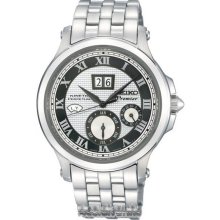 Seiko Men's Stainless Steel Kinetic Premier Perpetual Silver Dial Month Display Sapphire Crystal SNP047
