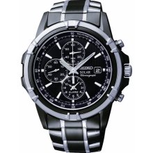 Seiko Men's Stainless Steel Case and Bracelet Black Tone Dial Date Display Solar Alarm Chronograph SSC143