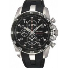 Seiko Men's Stainless Steel Case Sportura Alarm Chronograph Black Dial Rubber Strap SNAE87