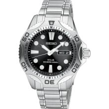 Seiko Men's Stainless Steel Diver Solar Quartz Link Bracelet Black Dial SNE107