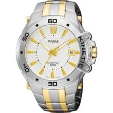 Seiko Pulsar $250 Men's Two-tone Ss Kinetic Watch, White Dial, Date Par147