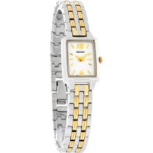 Seiko Quartz Ladies Rectangular White Dial Two Tone Bracelet Dress Watch SXGL59