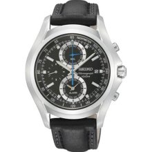 Seiko Snae85 Men's Watch Alarm Chronograph Black Dial Black Leather Strap