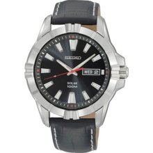 Seiko Solar Black Dial Black Leather Mens Watch SNE161P2