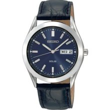 Seiko Solar Men's Stainless Watch - Black Leather Strap - Blue Dial - SNE049