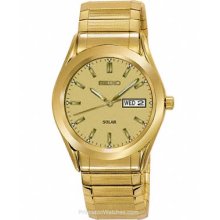 Seiko Solar Mens Watch - Gold-Tone Dial -Expansion Band - Day-Date SNE058